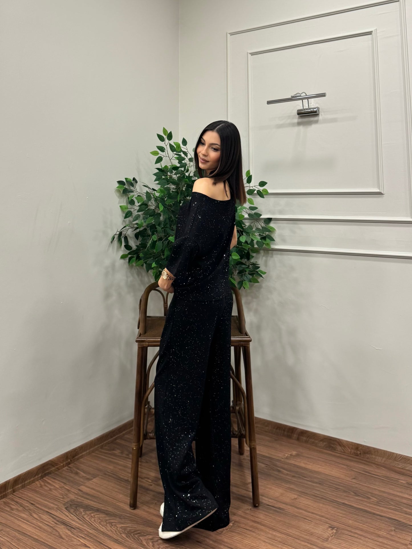 Glam Simli Tek Omuz Siyah Takım