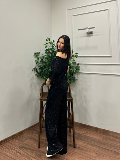 Glam Simli Tek Omuz Siyah Takım