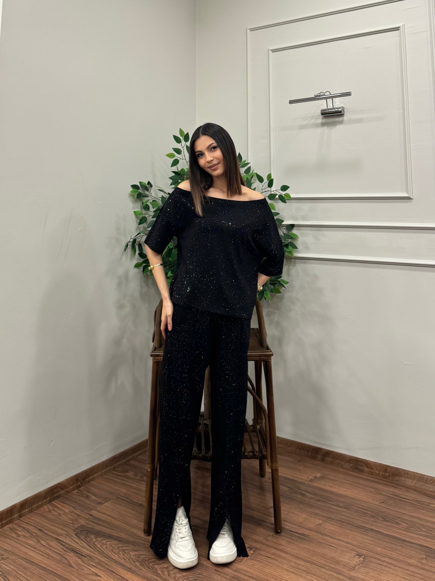 Glam Simli Tek Omuz Siyah Takım