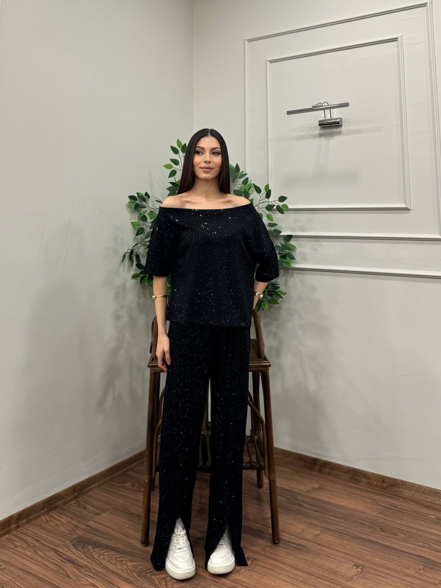 Glam Simli Tek Omuz Siyah Takım