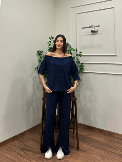 Glam Simli Tek Omuz Lacivert Takım