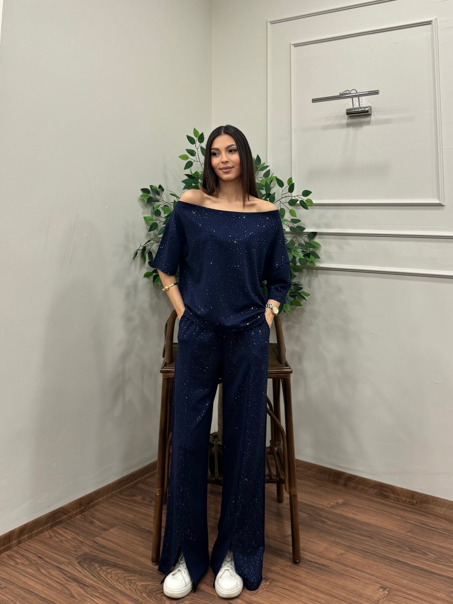 Glam Simli Tek Omuz Lacivert Takım