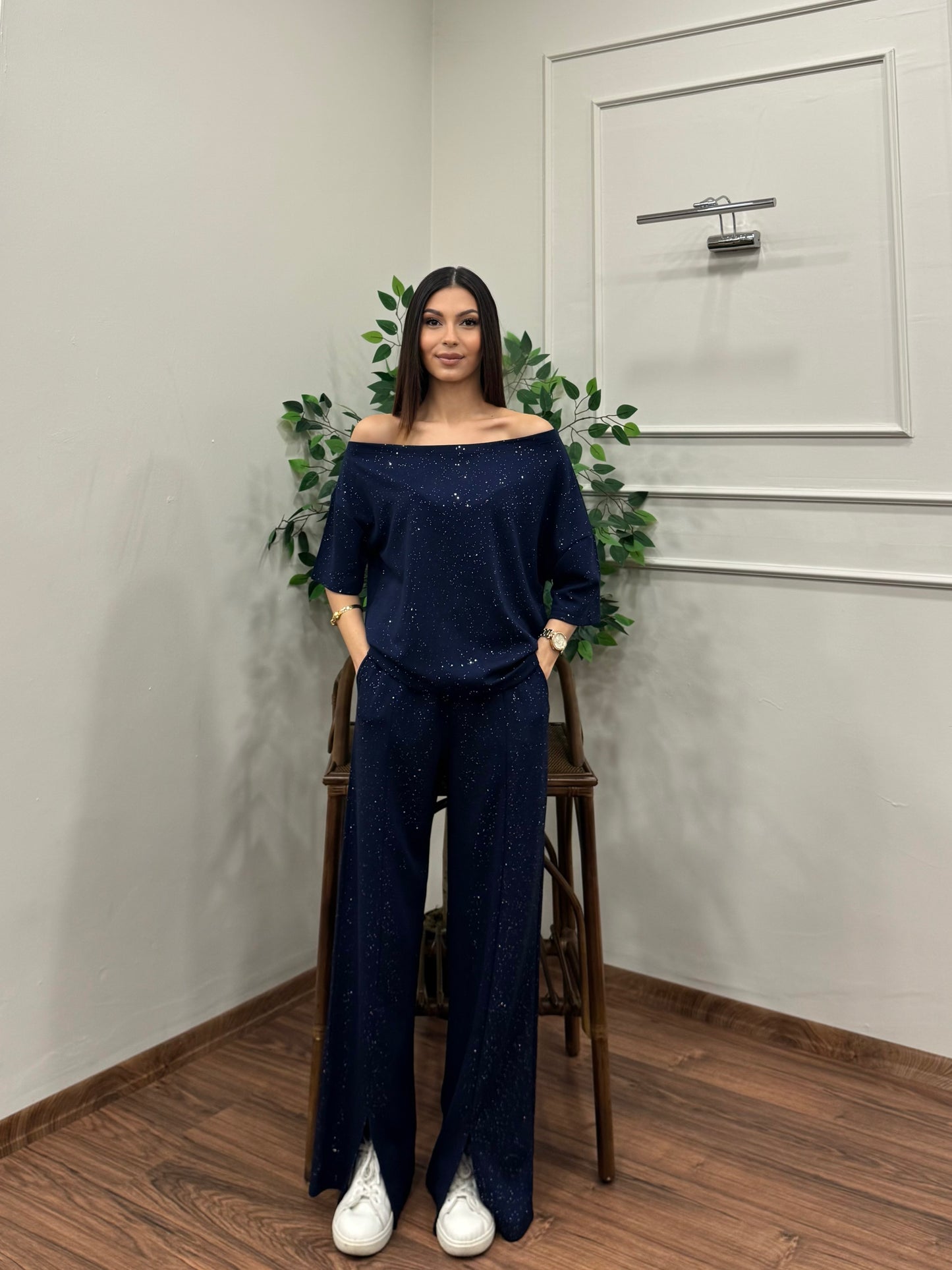 Glam Simli Tek Omuz Lacivert Takım