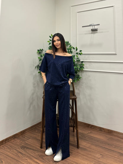 Glam Simli Tek Omuz Lacivert Takım