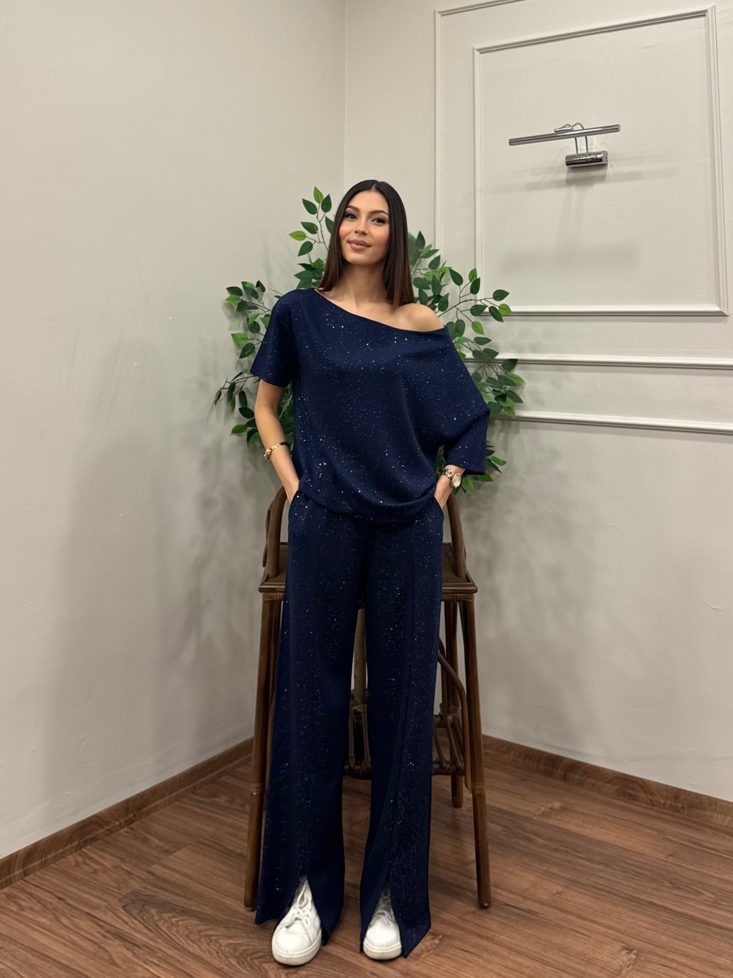 Glam Simli Tek Omuz Lacivert Takım