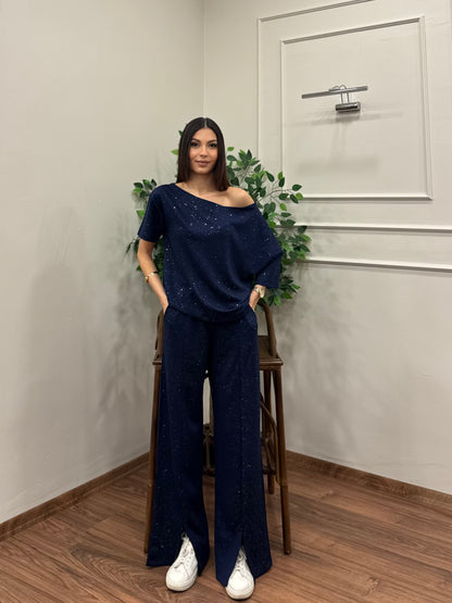 Glam Simli Tek Omuz Lacivert Takım