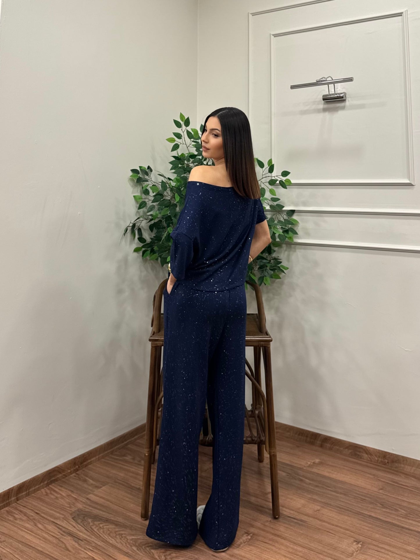 Glam Simli Tek Omuz Lacivert Takım