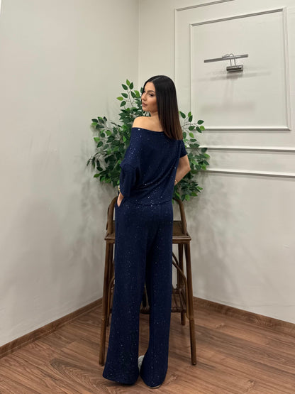 Glam Simli Tek Omuz Lacivert Takım