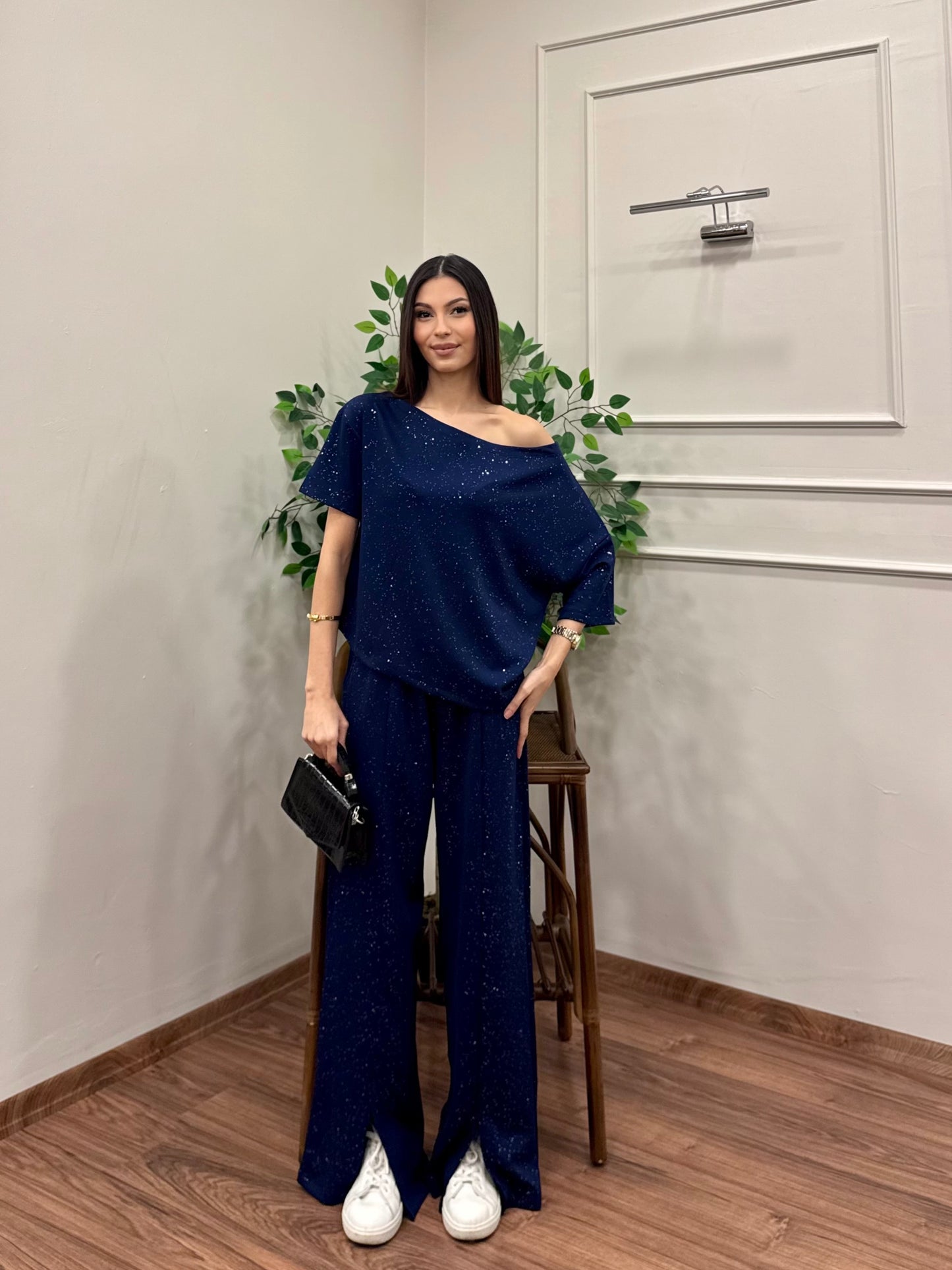 Glam Simli Tek Omuz Lacivert Takım