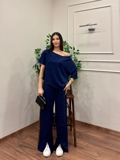 Glam Simli Tek Omuz Lacivert Takım