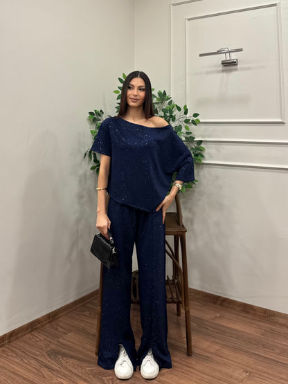 Glam Simli Tek Omuz Lacivert Takım