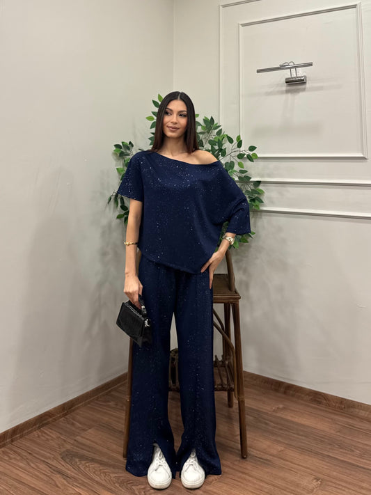 Glam Simli Tek Omuz Lacivert Takım