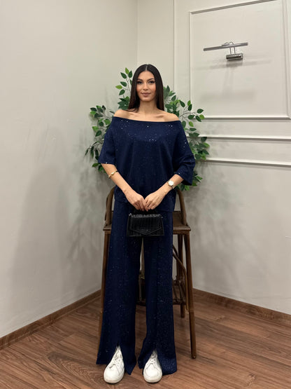 Glam Simli Tek Omuz Lacivert Takım