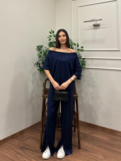 Glam Simli Tek Omuz Lacivert Takım