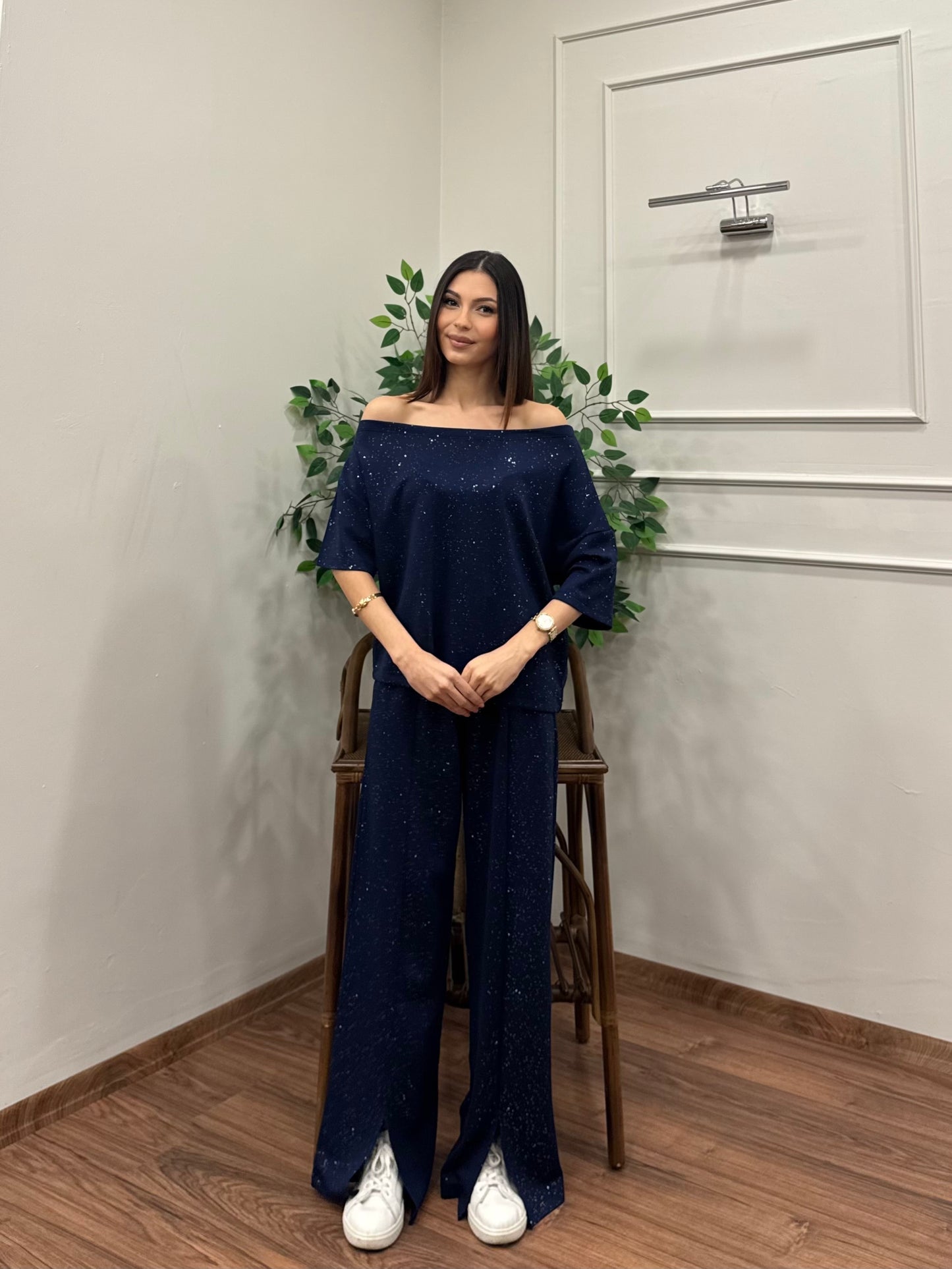 Glam Simli Tek Omuz Lacivert Takım