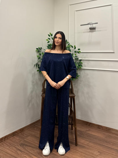 Glam Simli Tek Omuz Lacivert Takım