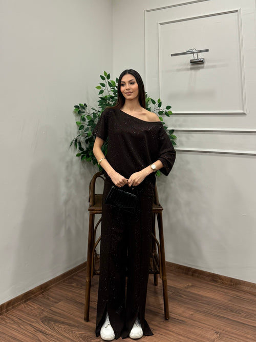 Glam Simli Tek Omuz Kahverengi Takım