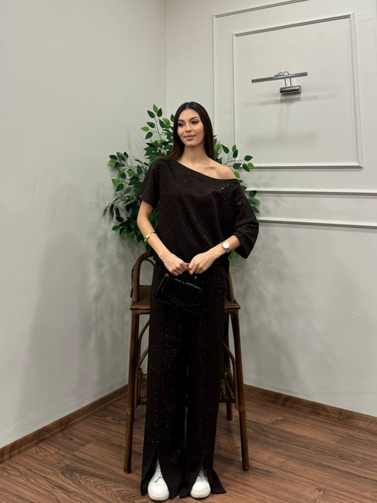 Glam Simli Tek Omuz Kahverengi Takım