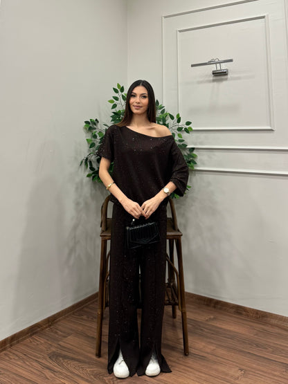Glam Simli Tek Omuz Kahverengi Takım