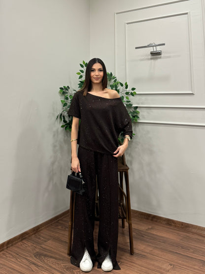 Glam Simli Tek Omuz Kahverengi Takım