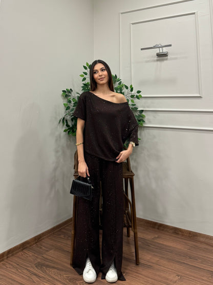 Glam Simli Tek Omuz Kahverengi Takım