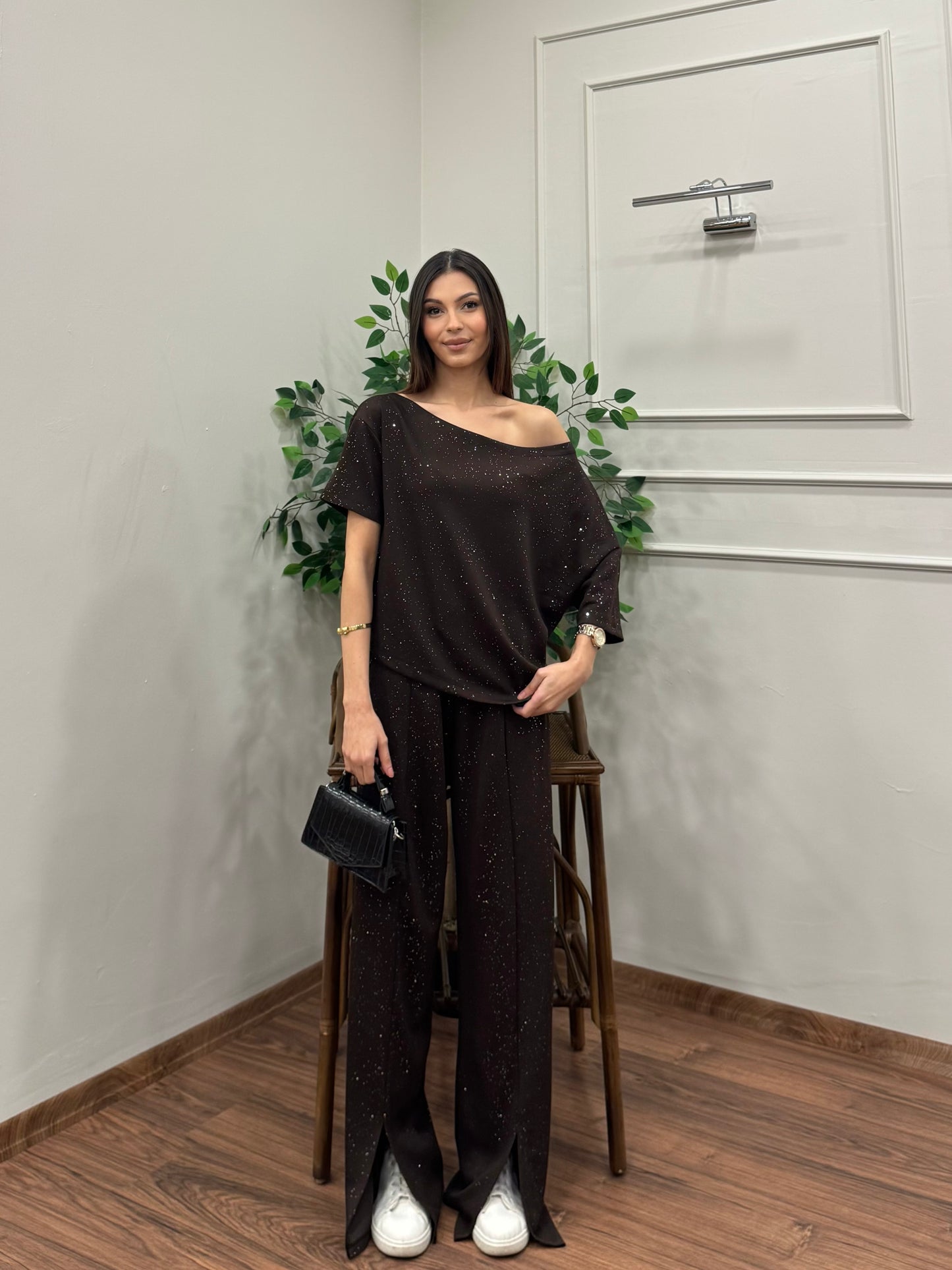 Glam Simli Tek Omuz Kahverengi Takım