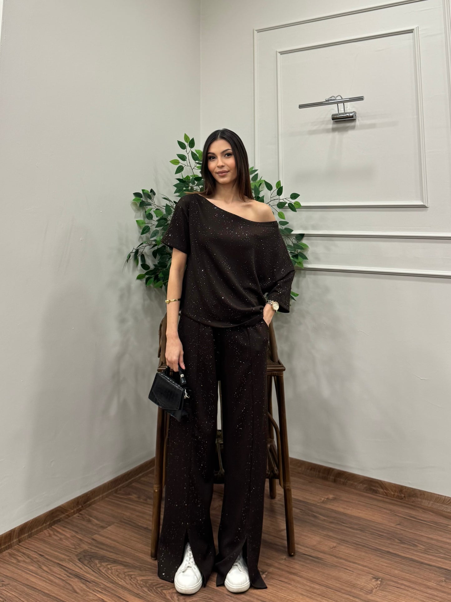 Glam Simli Tek Omuz Kahverengi Takım