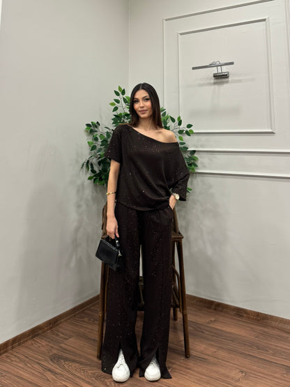 Glam Simli Tek Omuz Kahverengi Takım
