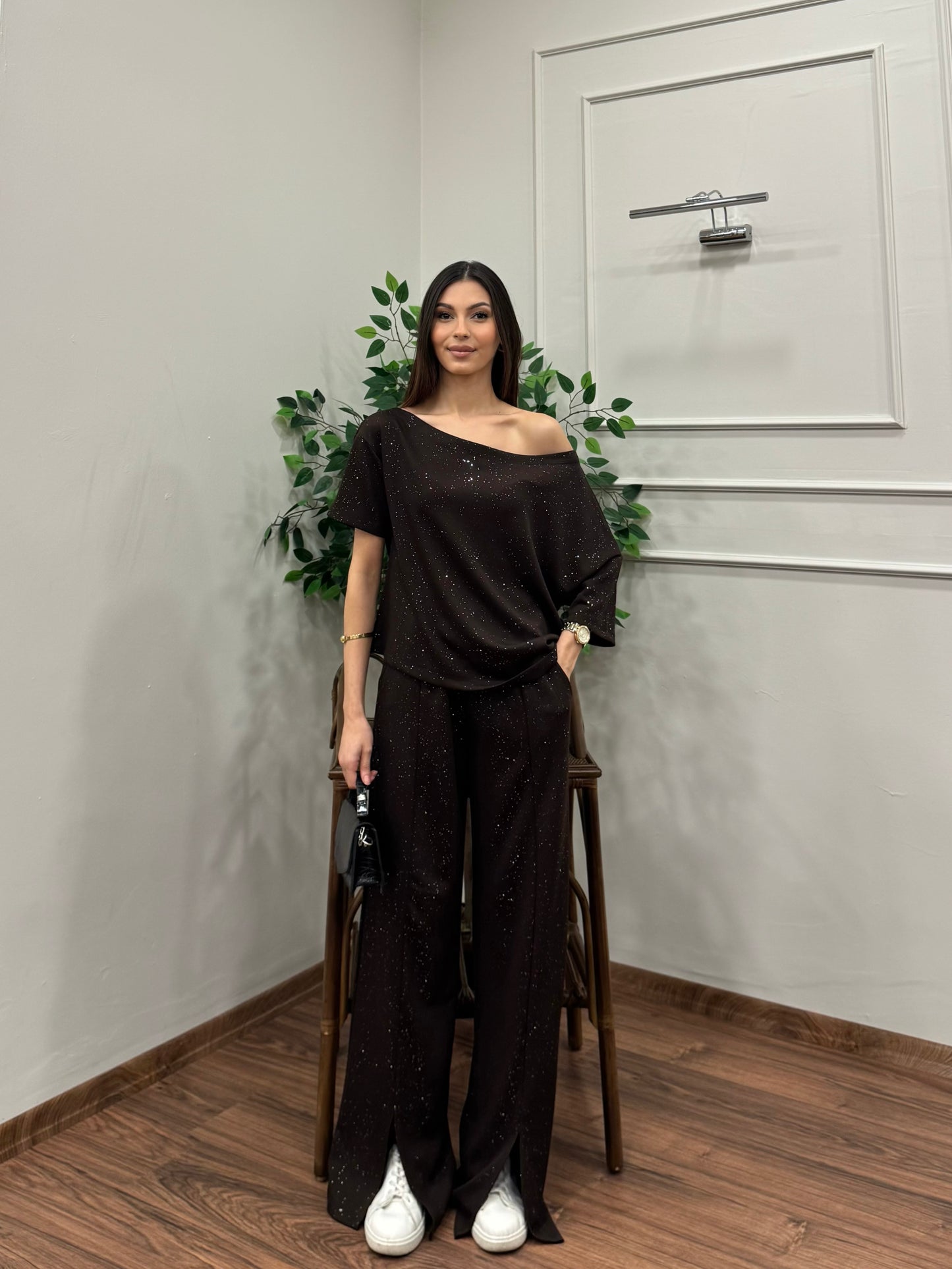 Glam Simli Tek Omuz Kahverengi Takım