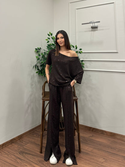 Glam Simli Tek Omuz Kahverengi Takım