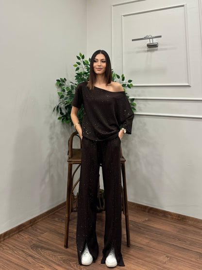 Glam Simli Tek Omuz Kahverengi Takım