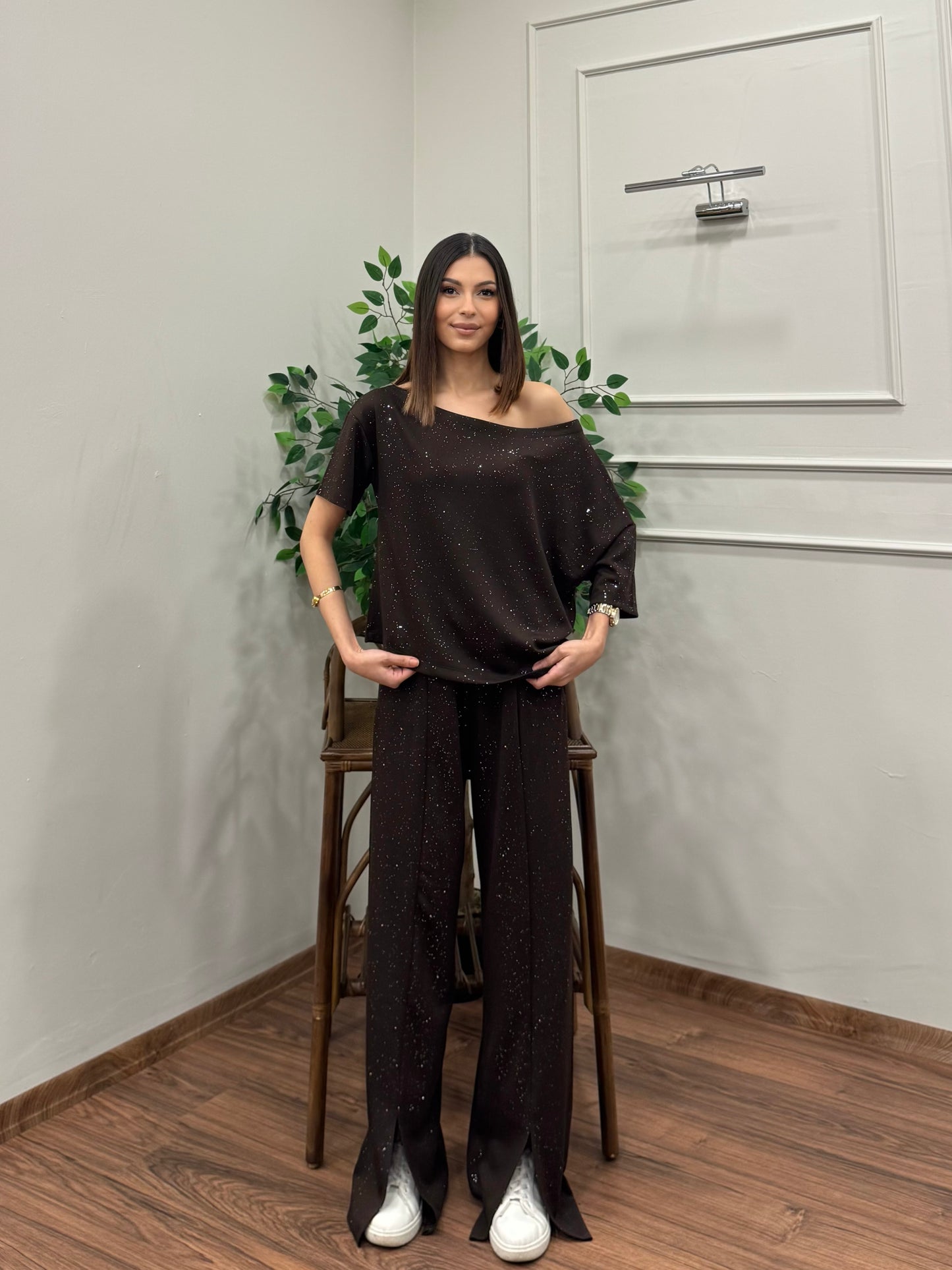 Glam Simli Tek Omuz Kahverengi Takım