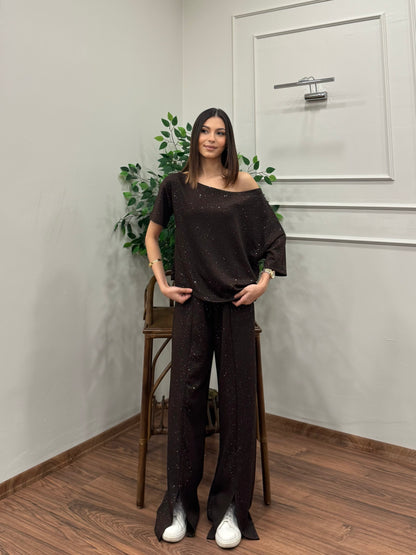 Glam Simli Tek Omuz Kahverengi Takım