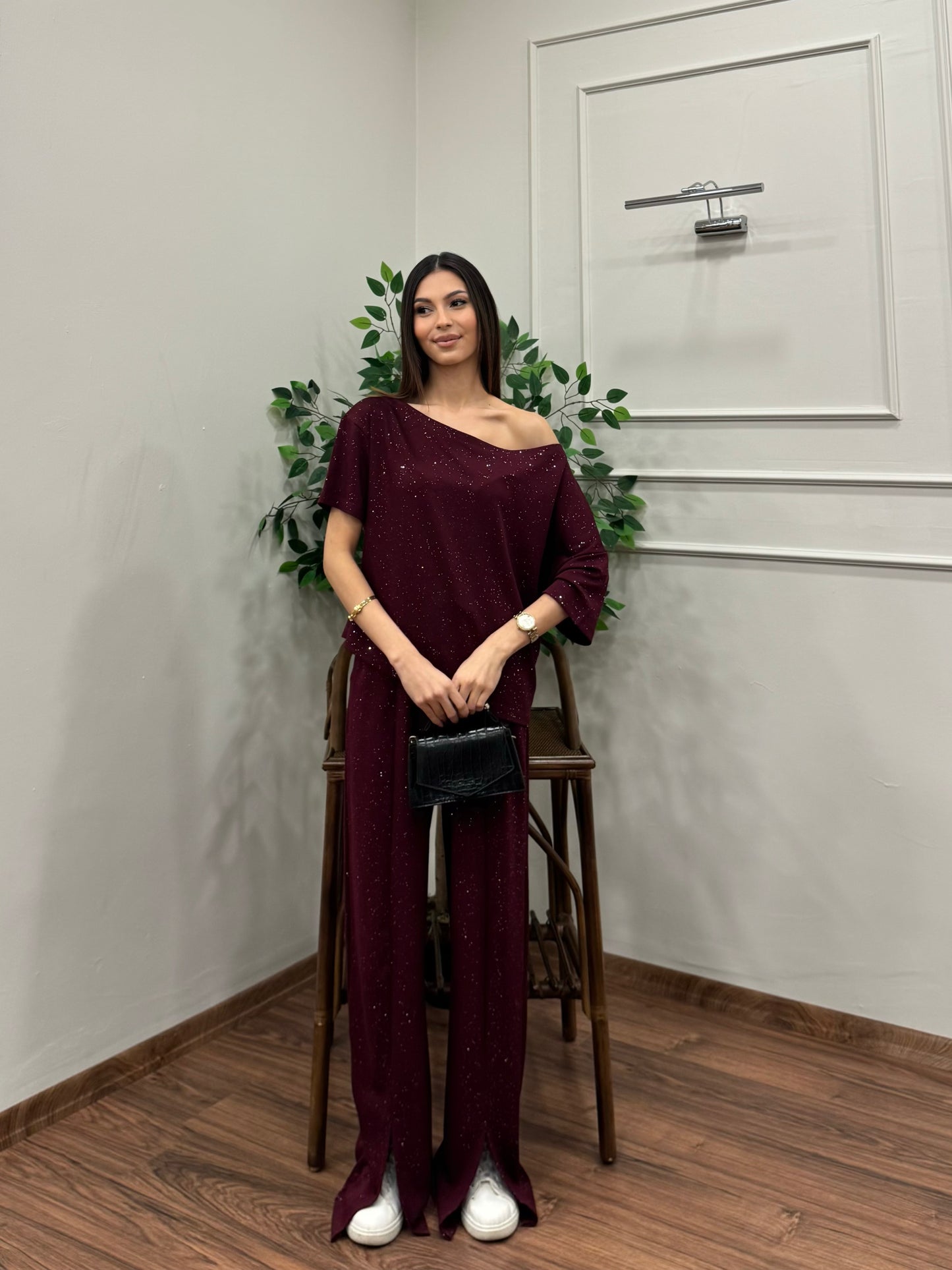 Glam Simli Tek Omuz Bordo Takım