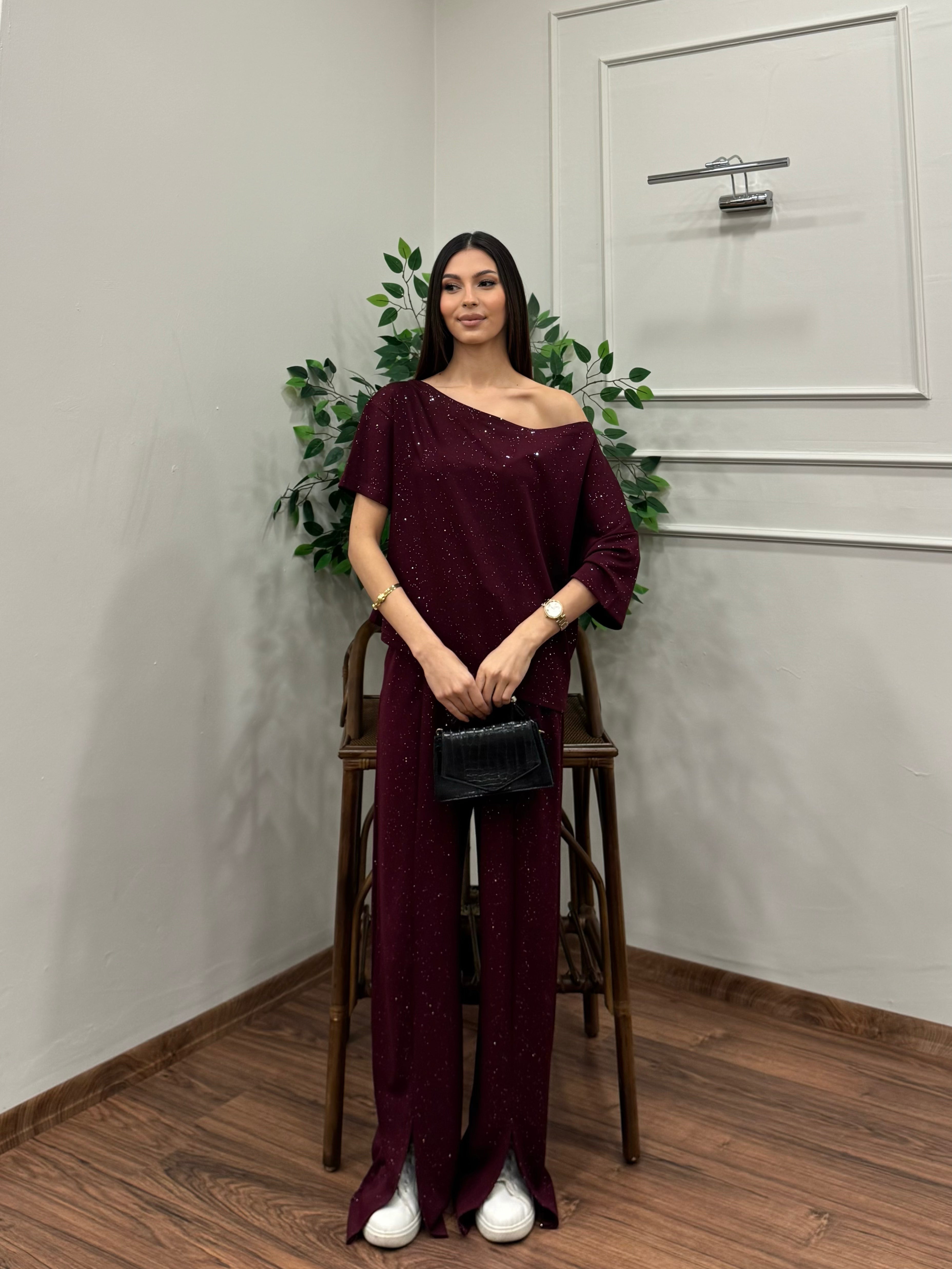 Glam Simli Tek Omuz Bordo Takım