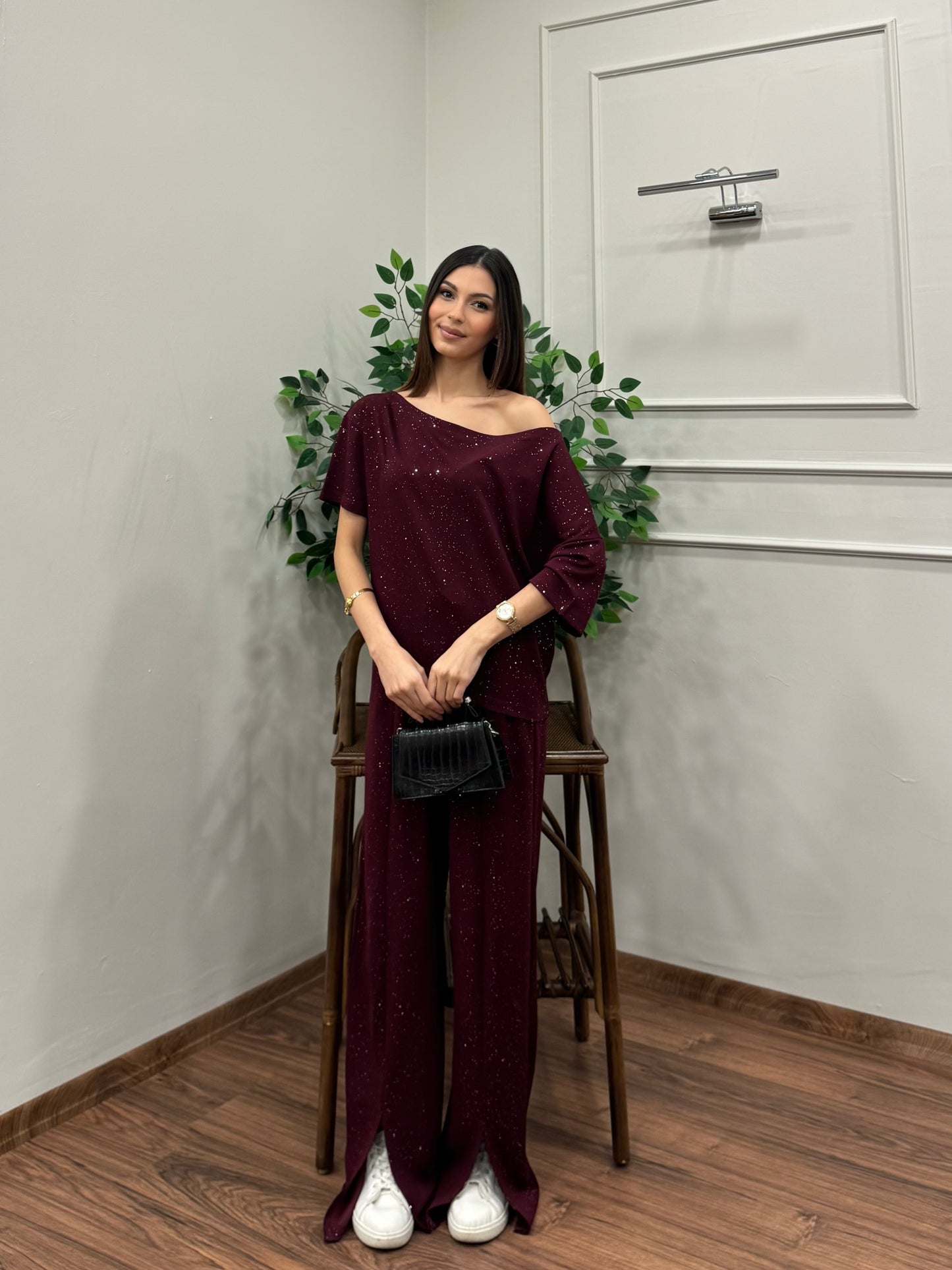 Glam Simli Tek Omuz Bordo Takım