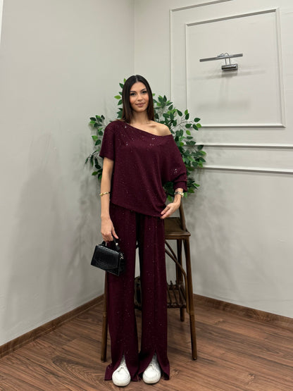 Glam Simli Tek Omuz Bordo Takım