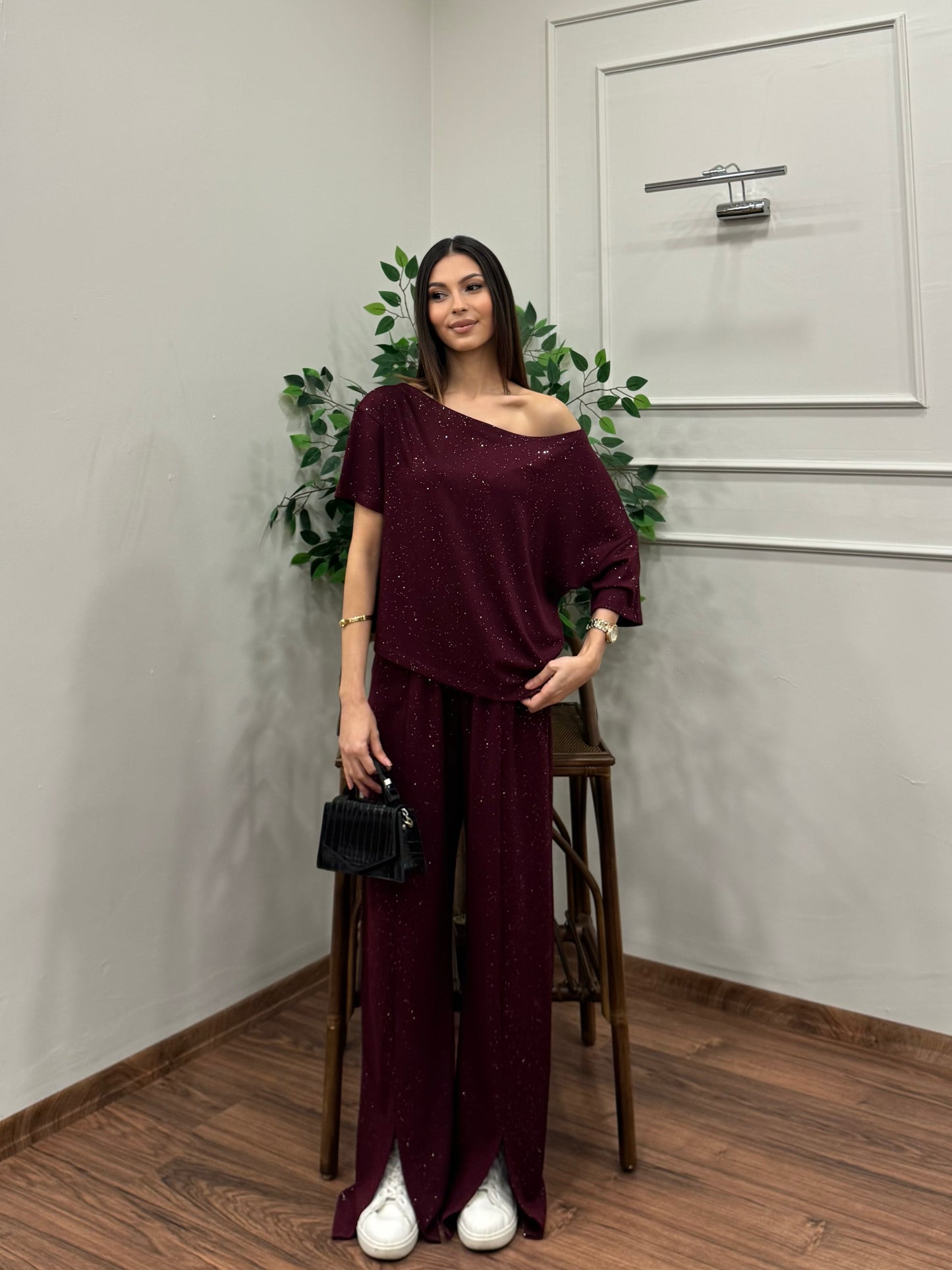 Glam Simli Tek Omuz Bordo Takım