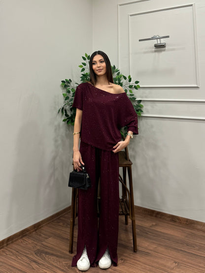 Glam Simli Tek Omuz Bordo Takım