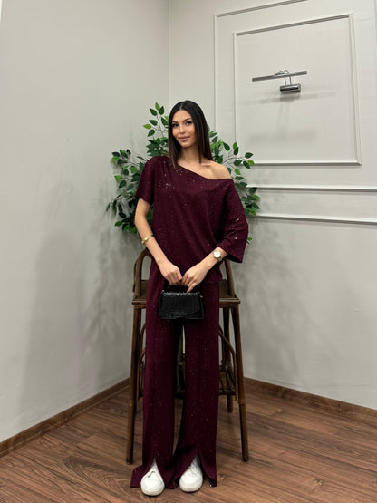 Glam Simli Tek Omuz Bordo Takım