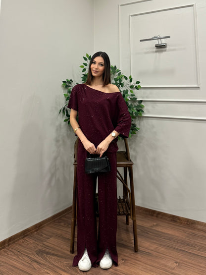 Glam Simli Tek Omuz Bordo Takım
