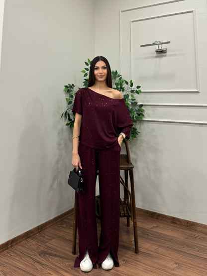Glam Simli Tek Omuz Bordo Takım