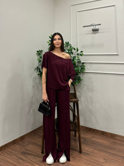 Glam Simli Tek Omuz Bordo Takım