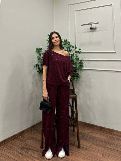 Glam Simli Tek Omuz Bordo Takım