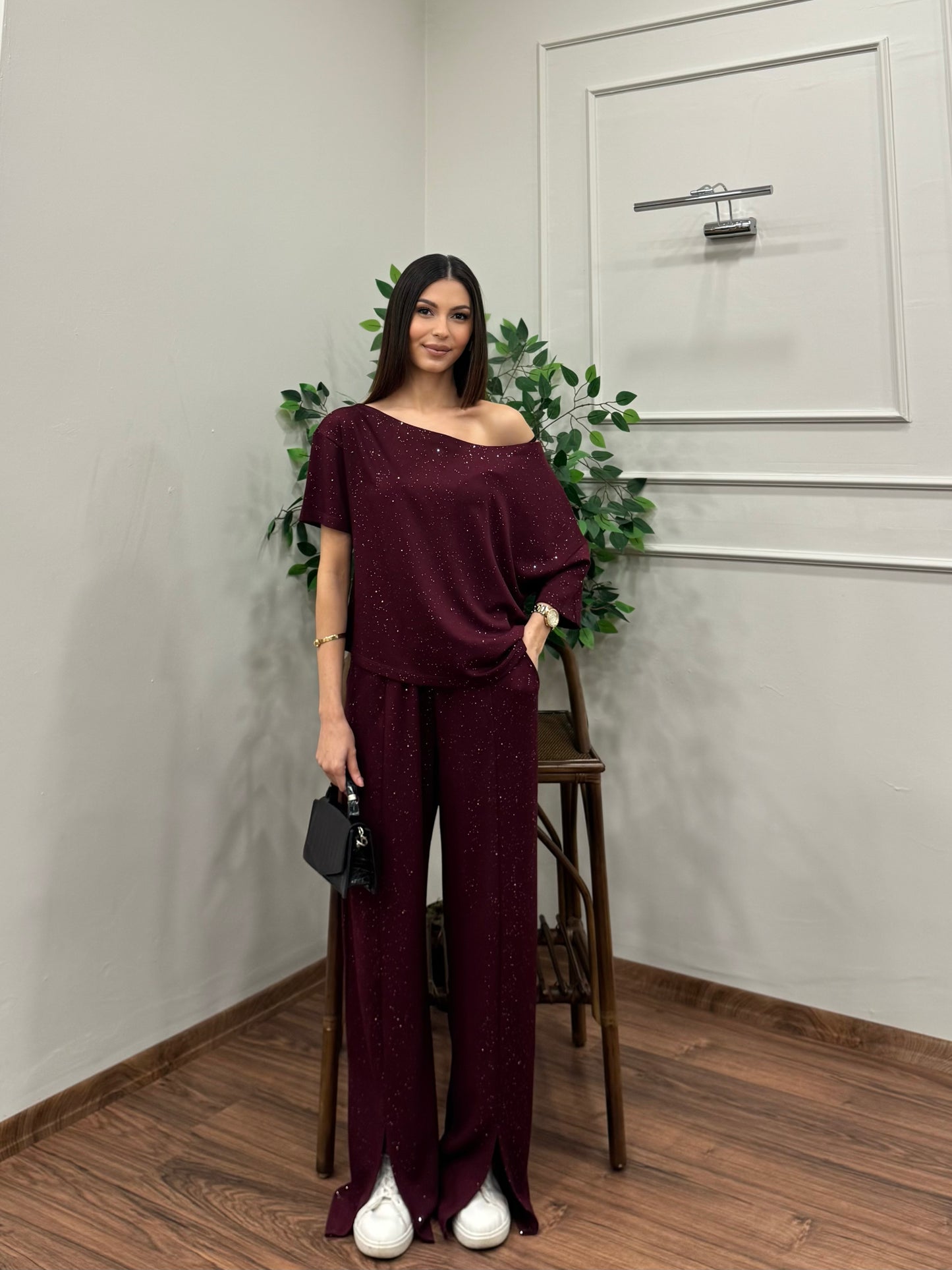 Glam Simli Tek Omuz Bordo Takım