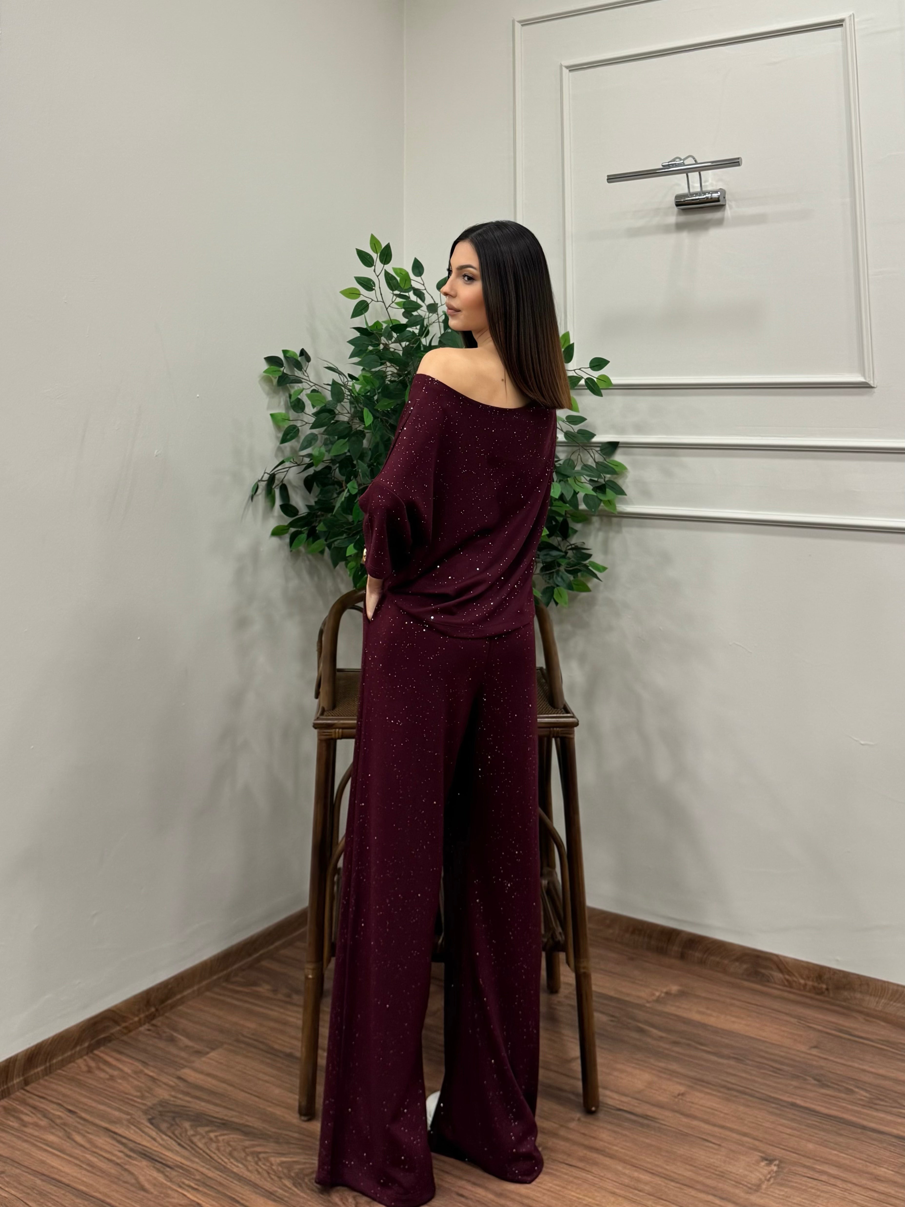 Glam Simli Tek Omuz Bordo Takım
