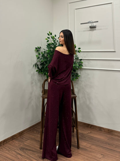 Glam Simli Tek Omuz Bordo Takım