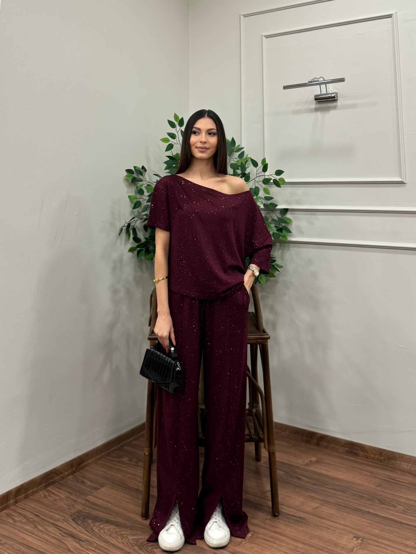 Glam Simli Tek Omuz Bordo Takım