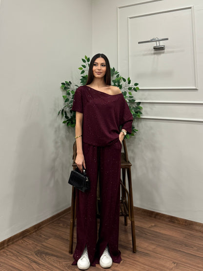 Glam Simli Tek Omuz Bordo Takım