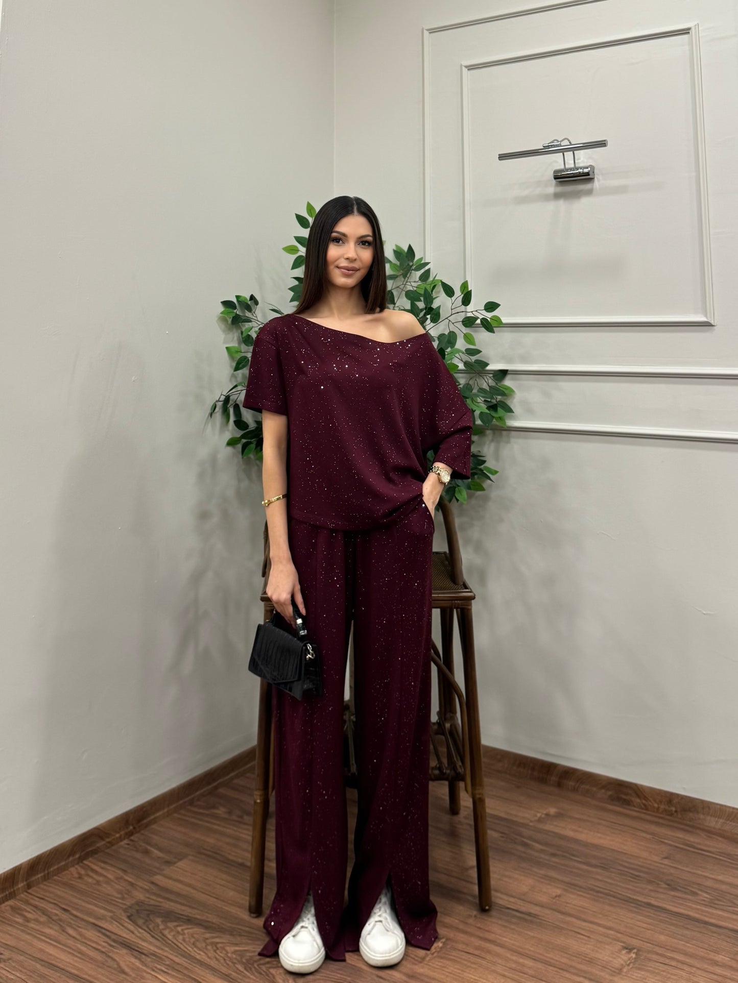 Glam Simli Tek Omuz Bordo Takım